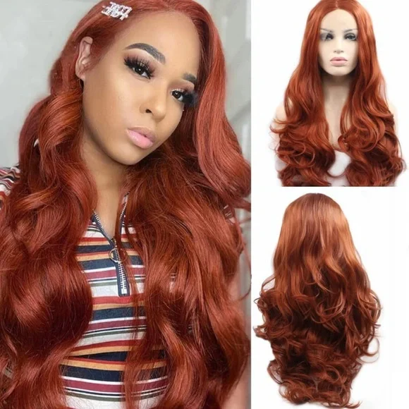 22” Copper Red Beautiful Body Wavy Lace Front Wig *NEW* Copper Red Wig Long Wavy Synthetic Lace Front Wig Glueless  main image 4